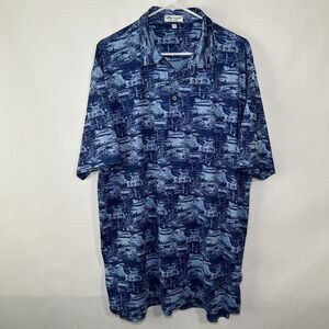 Peter Millar Summer Comfort Golf Polo Shirt Mens Size XL Blue Tropical AOP EUC